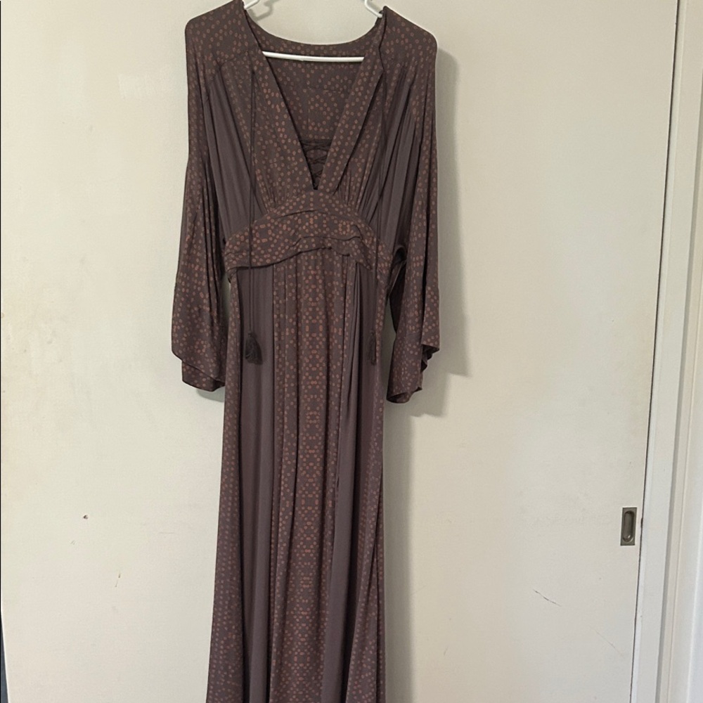 Free People Long Sleeve Brown kimono sleeve boho Patterned Dress